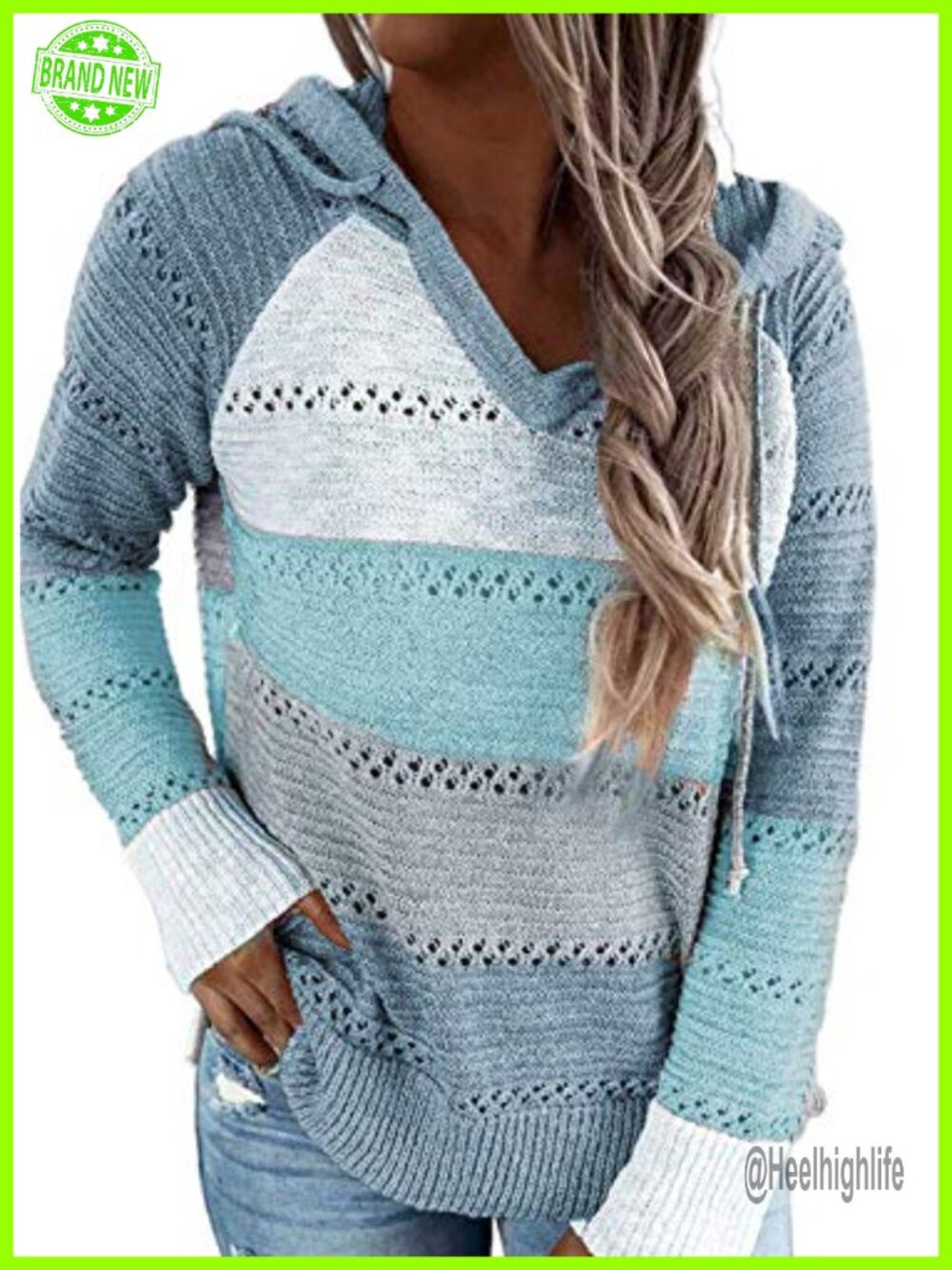 Striped Crochet Hoodie Sweater Pullover Loose Casual Fall